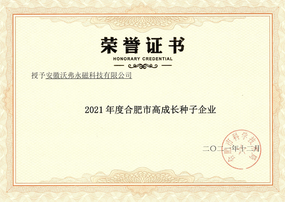 喜讯！沃弗永磁荣获合肥市高成长企业